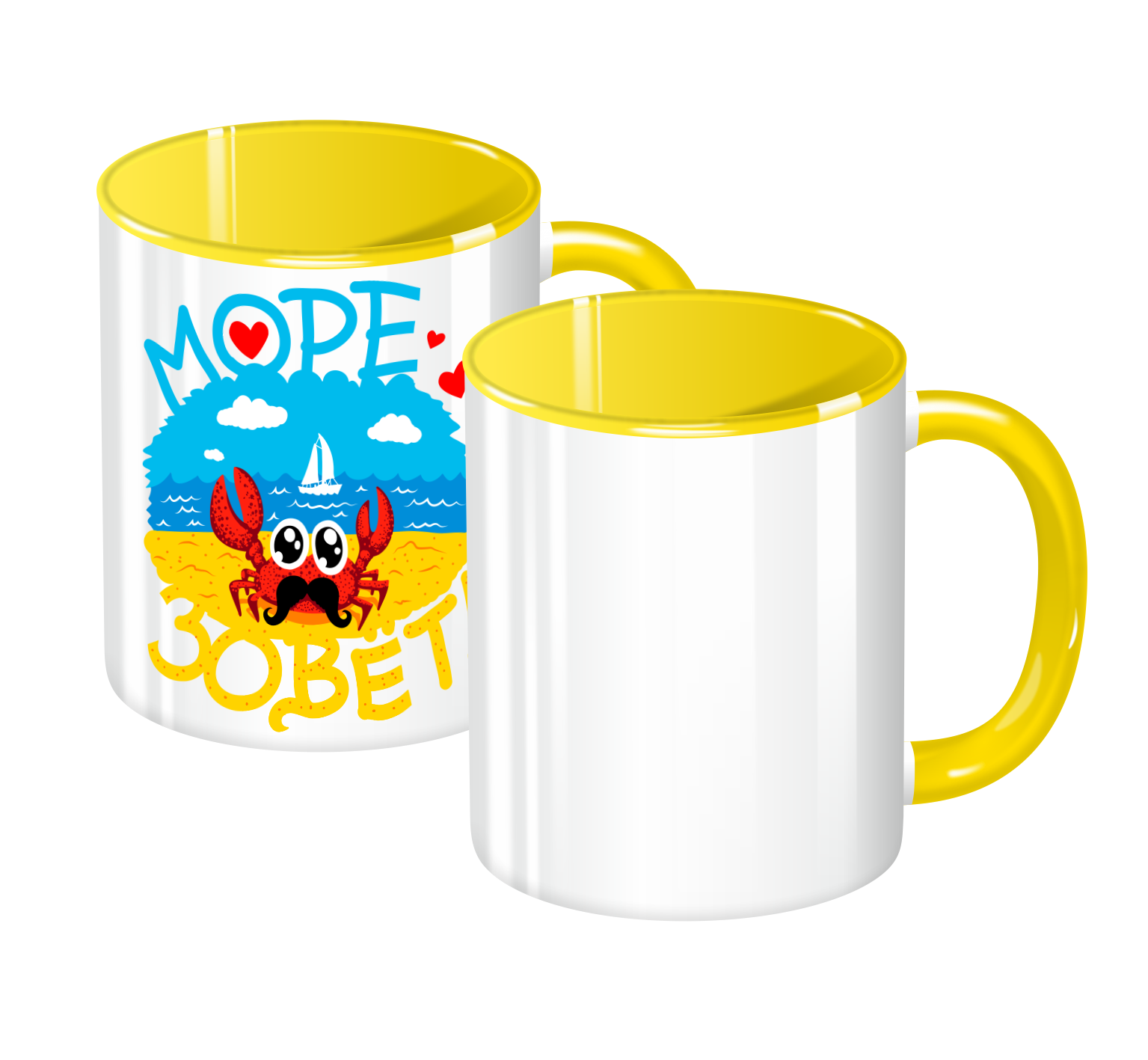 Ряд кружек из 11 шт. с цветной ручкой и внутренностью, с напечатанными принтами.