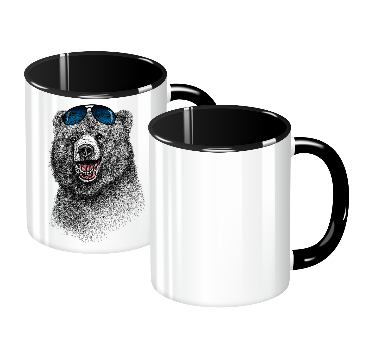 Ряд кружек из 11 шт. с цветной ручкой и внутренностью, с напечатанными принтами.