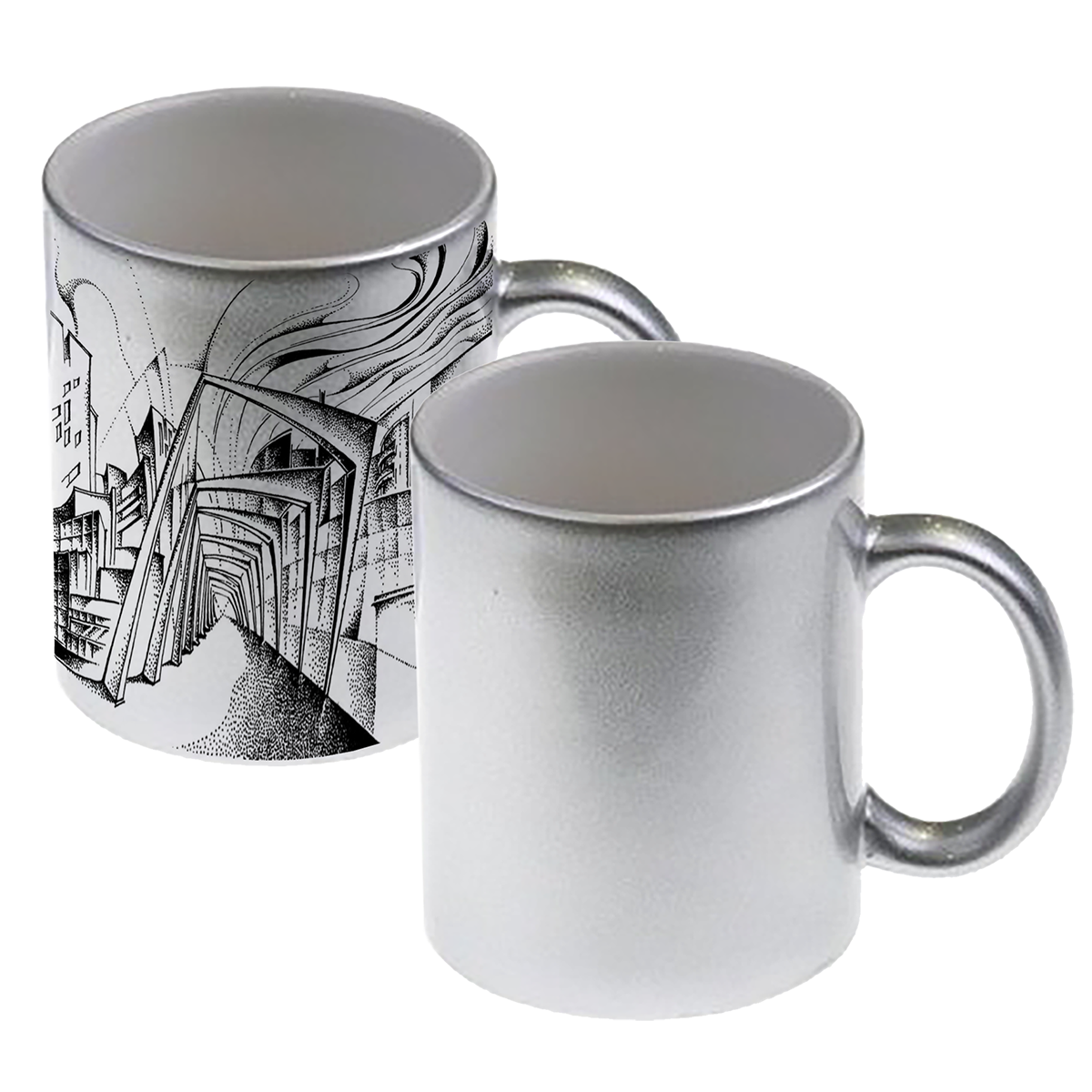 Пять кружек с искристой поверхностью, со своим принтом.