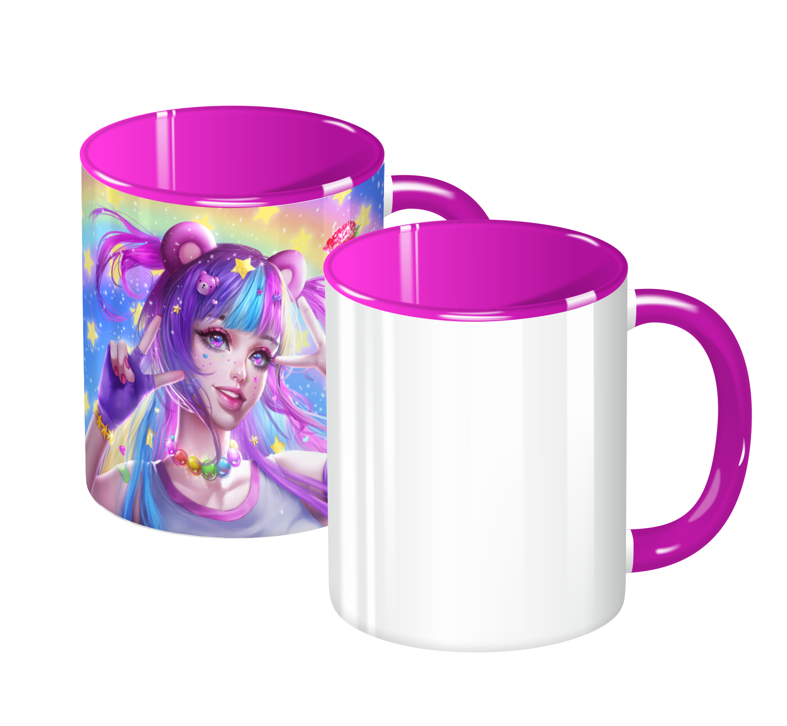 Ряд кружек из 11 шт. с цветной ручкой и внутренностью, с напечатанными принтами.