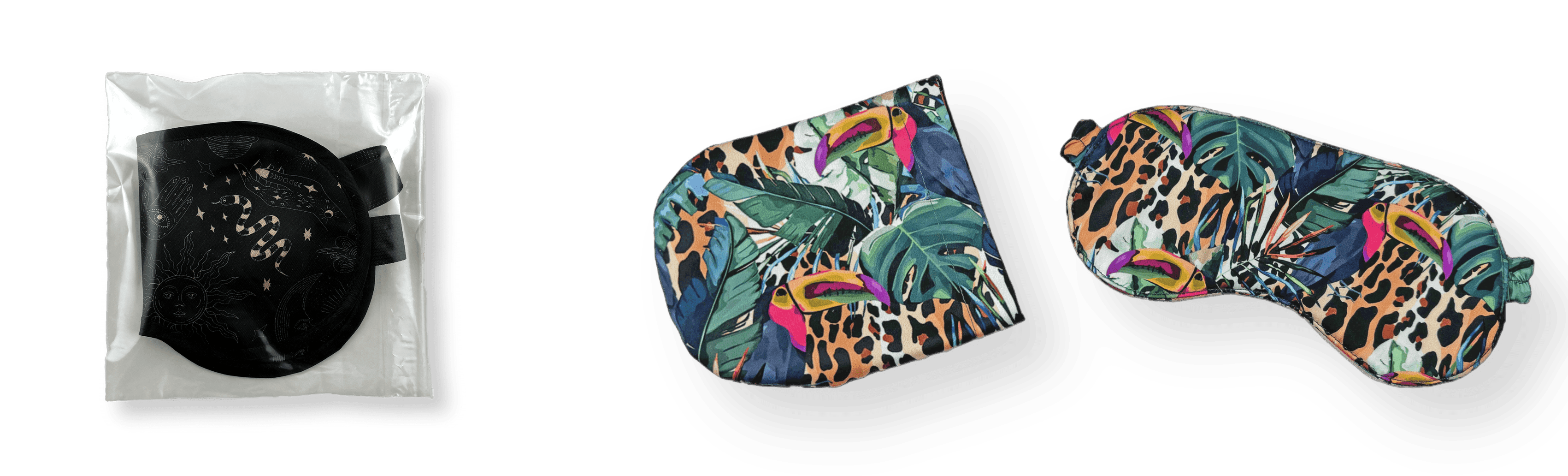 Упаковка маски для сна в полиэтиленавый пакет, либо в мешочек для неё с таким же дизайном