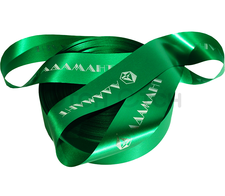 Нанесение на сатиновой ленте 40 мм. 200 м. серебряной фольгой для компании Адамант