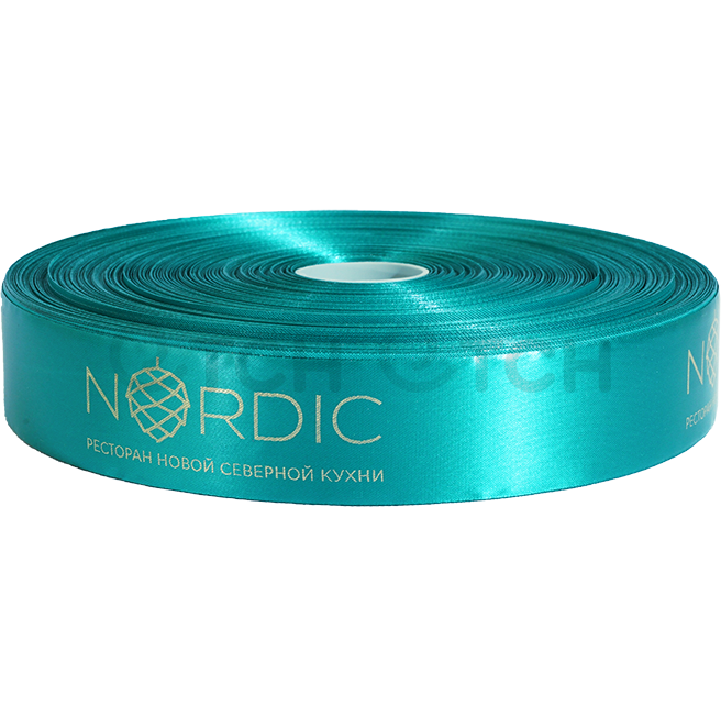 Печать логотипов серебряной фольгой на бирюзовой ленте