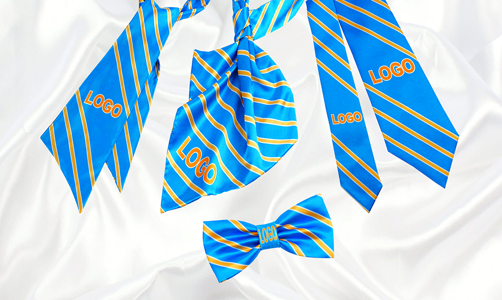 Галстуки и бабочки с фирменными логотипами, нанесенными полноцветной, сублимационной печатью.