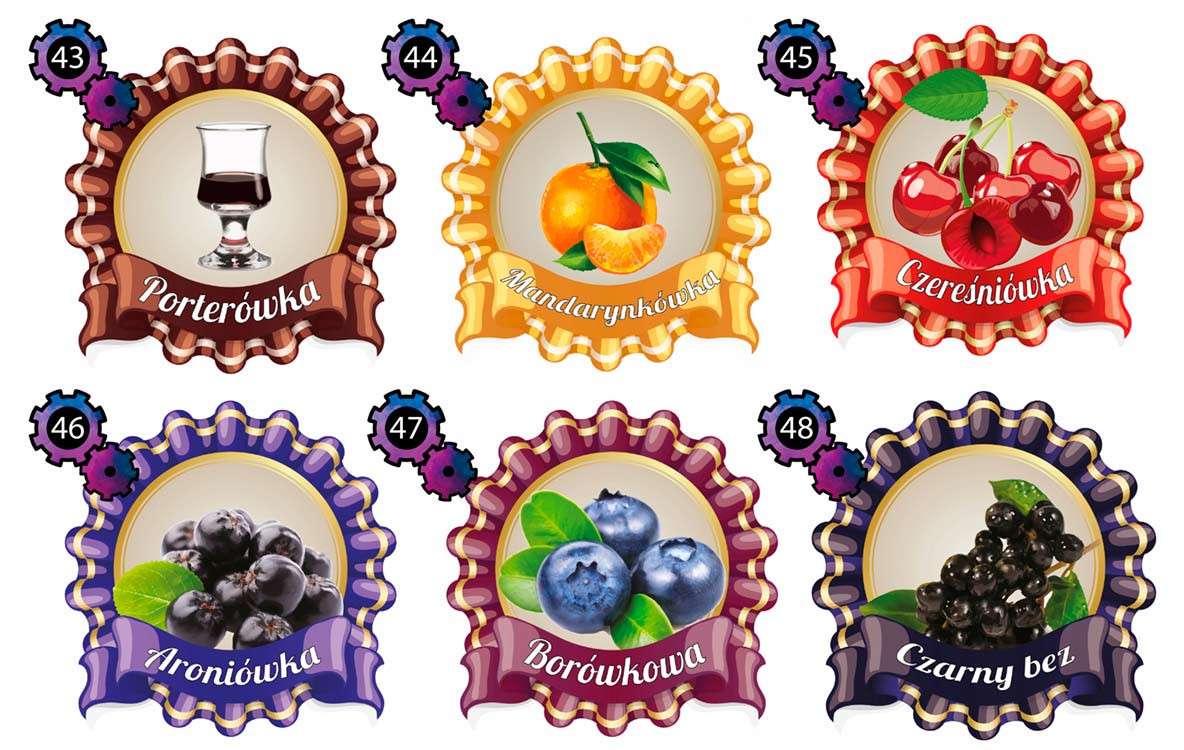 Шесть видов наклеек с логотипом и названием товара.