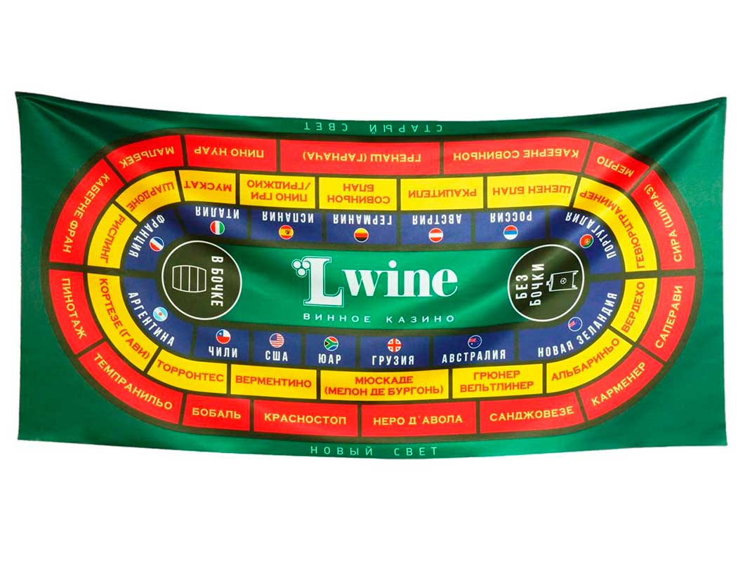 Многоцветный, текстильный баннер 100х300 см. для казино с названиями сортов вин, из ткани сатен.