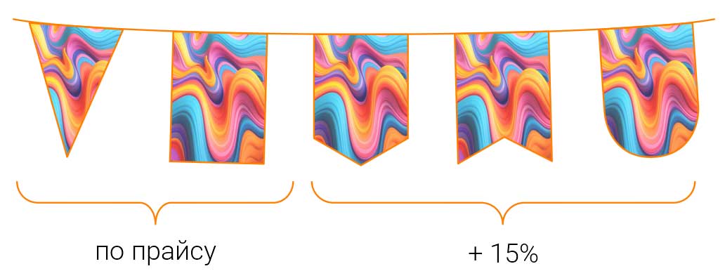 Яркие тканевые флажки гирлянды, различной формы: треугольной, прямоугольной, фигурной.