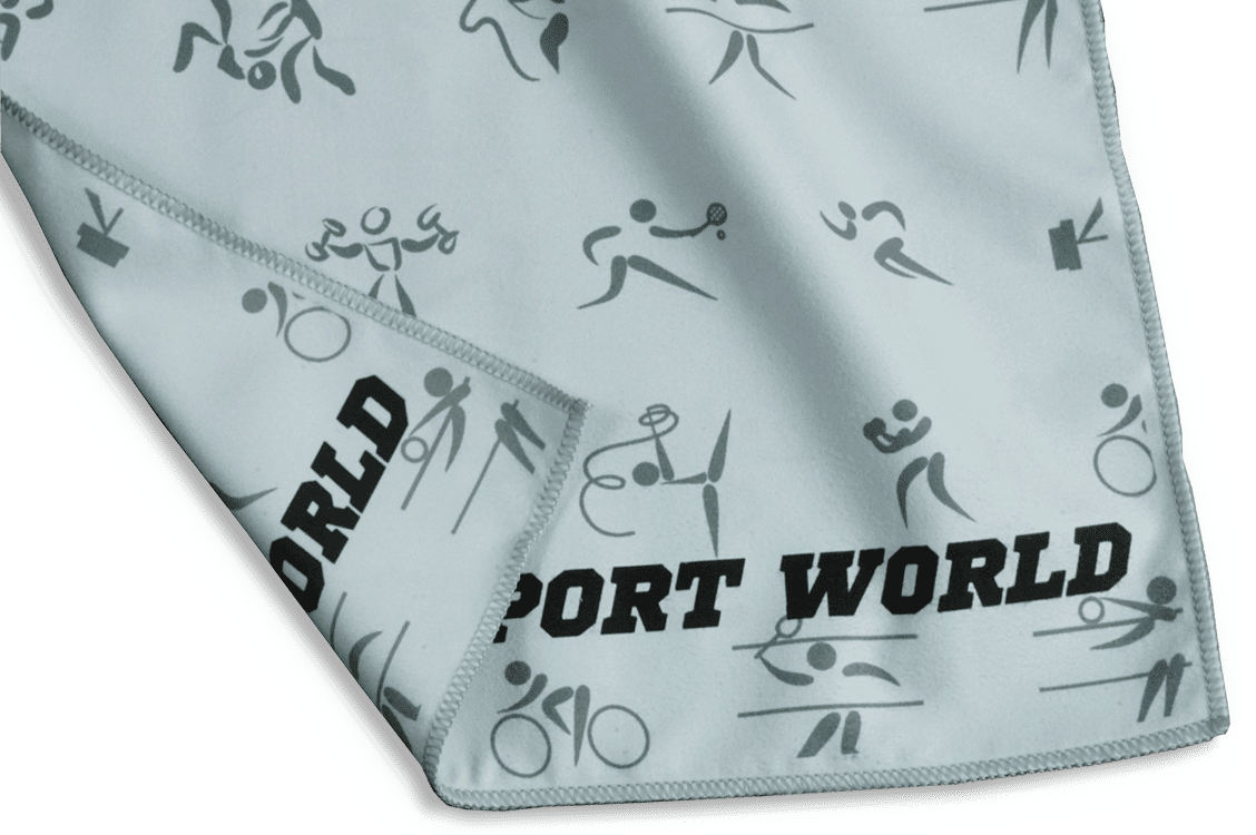 Образец печати на заказ, на двухслойном спортивном полотенце: с двух сторон одинаково.