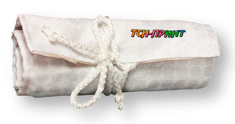 Пенал в виде свитка, из ткани Рогожка: с гнездами для карандашей и фломастеров, с печатью логотипа и принта
         заказчика.