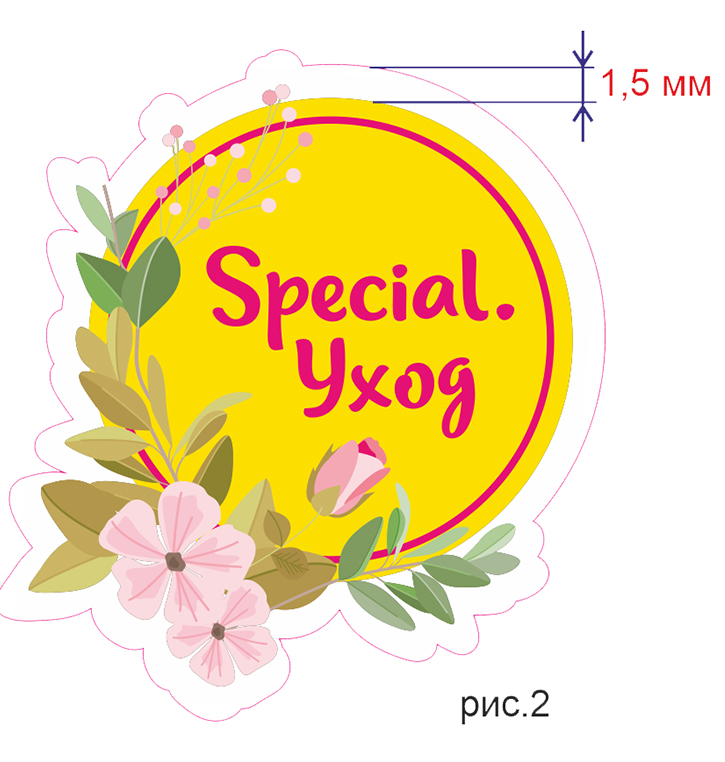 Вид отдельного стикера, стикерпака с плавным контуром высечки, отстоящим от рисунка на 1.5 мм.